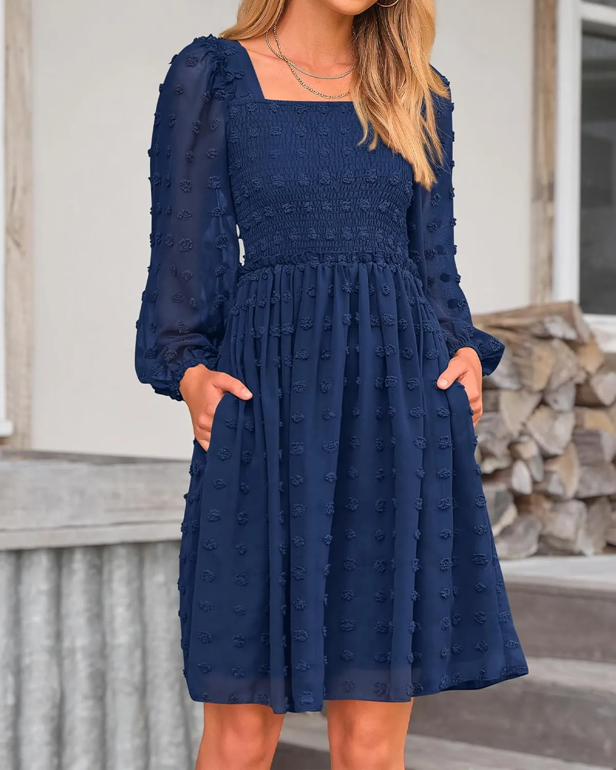 BTFBM Women Square Neck Smocked Dresses 2025 Summer Spring Long Sleeve Floral Swiss Dot Mini Boho Wedding Guest Dress