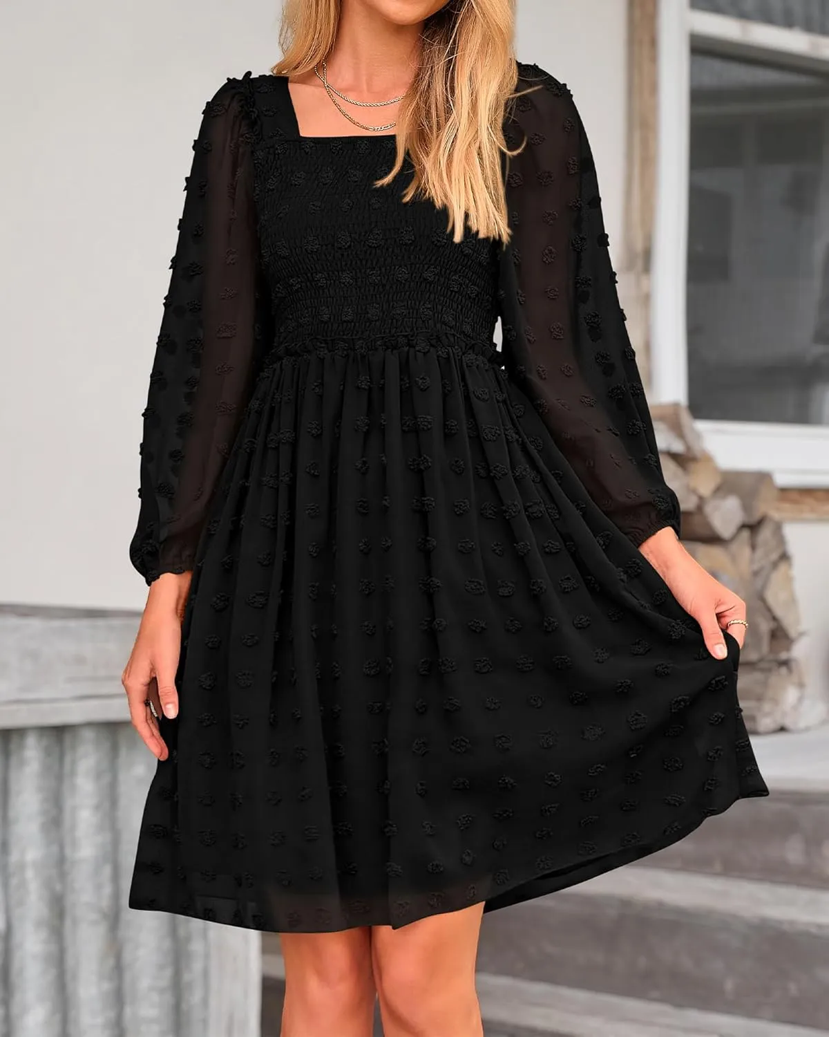 BTFBM Women Square Neck Smocked Dresses 2025 Summer Spring Long Sleeve Floral Swiss Dot Mini Boho Wedding Guest Dress