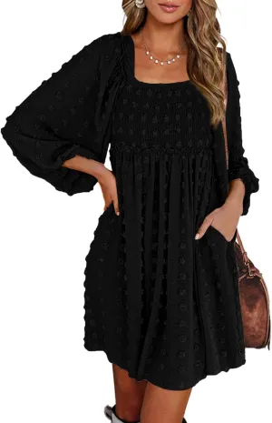 BTFBM Women Square Neck Smocked Dresses 2025 Summer Spring Long Sleeve Floral Swiss Dot Mini Boho Wedding Guest Dress