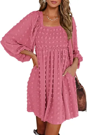 BTFBM Women Square Neck Smocked Dresses 2025 Summer Spring Long Sleeve Floral Swiss Dot Mini Boho Wedding Guest Dress