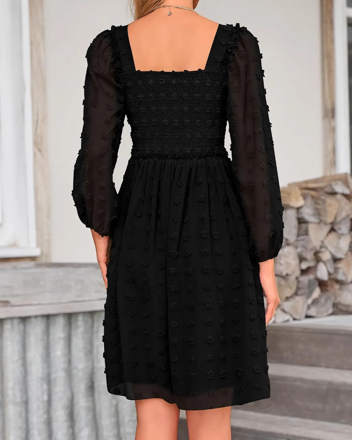 BTFBM Women Square Neck Smocked Dresses 2025 Summer Spring Long Sleeve Floral Swiss Dot Mini Boho Wedding Guest Dress