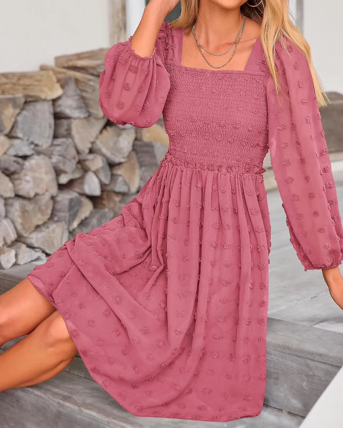 BTFBM Women Square Neck Smocked Dresses 2025 Summer Spring Long Sleeve Floral Swiss Dot Mini Boho Wedding Guest Dress