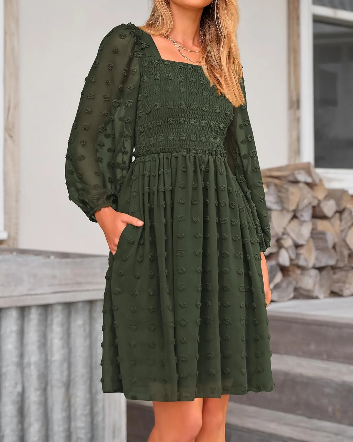 BTFBM Women Square Neck Smocked Dresses 2025 Summer Spring Long Sleeve Floral Swiss Dot Mini Boho Wedding Guest Dress