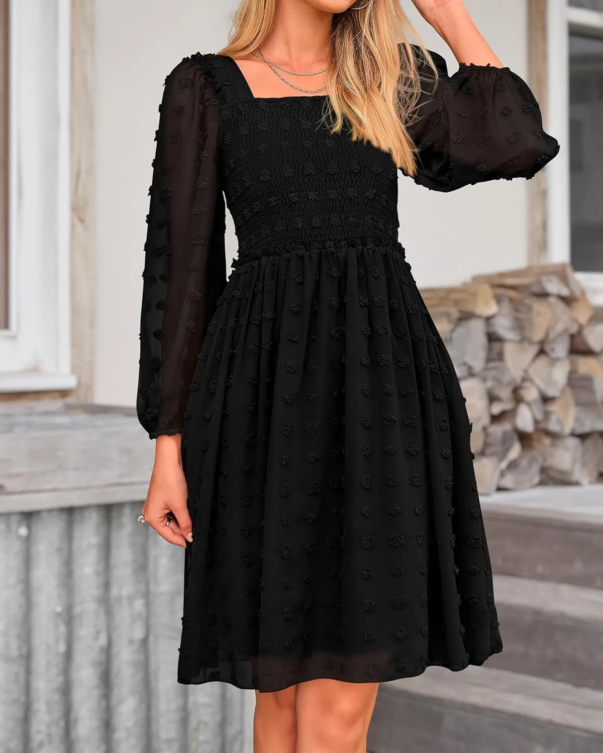 BTFBM Women Square Neck Smocked Dresses 2025 Summer Spring Long Sleeve Floral Swiss Dot Mini Boho Wedding Guest Dress