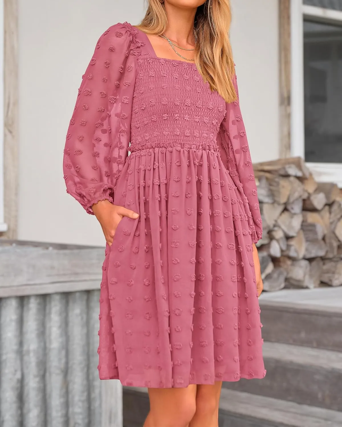 BTFBM Women Square Neck Smocked Dresses 2025 Summer Spring Long Sleeve Floral Swiss Dot Mini Boho Wedding Guest Dress