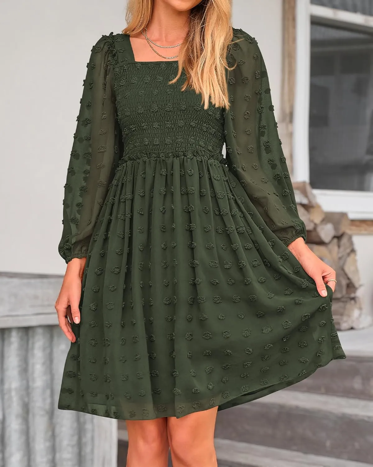 BTFBM Women Square Neck Smocked Dresses 2025 Summer Spring Long Sleeve Floral Swiss Dot Mini Boho Wedding Guest Dress