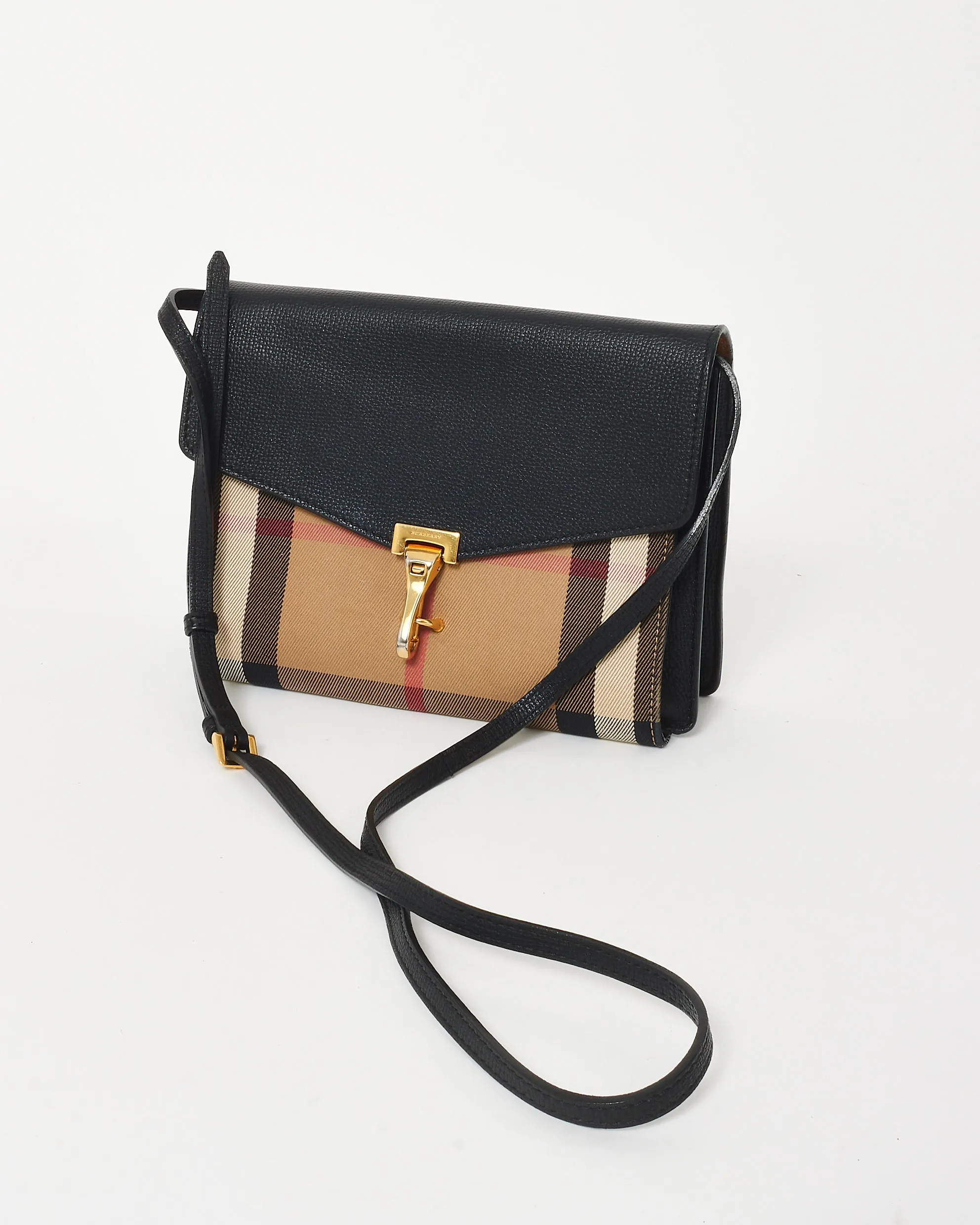 Burberry Beige Housecheck & Black Leather Macken Crossbody Bag