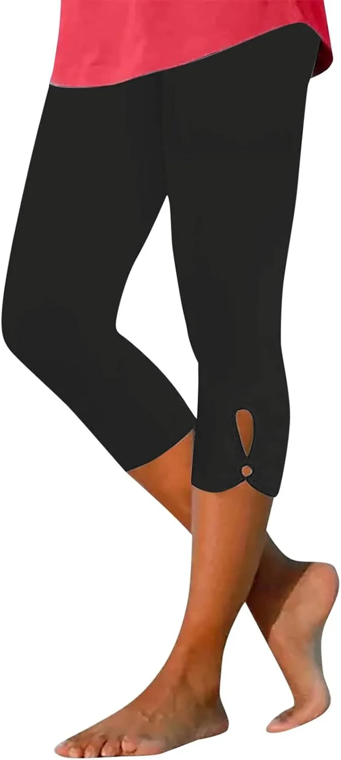 Capri Leggings For Women Knee Length Workout Cropped Pants Hollow/Lace Patchwork High Waist Trendy Petite Trousers