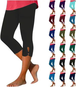 Capri Leggings For Women Knee Length Workout Cropped Pants Hollow/Lace Patchwork High Waist Trendy Petite Trousers