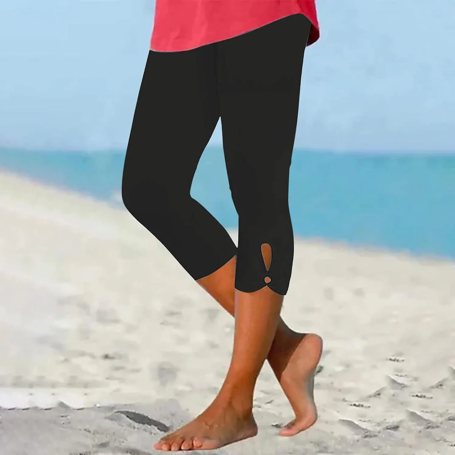 Capri Leggings For Women Knee Length Workout Cropped Pants Hollow/Lace Patchwork High Waist Trendy Petite Trousers