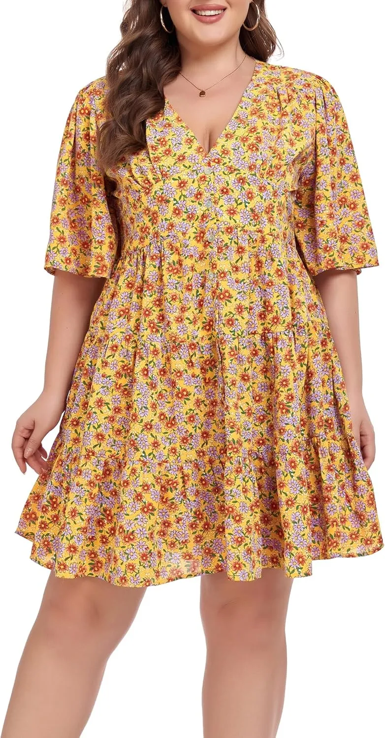 Carrdc Casual Plus Size Dress for Women Floral Button Down Dresses