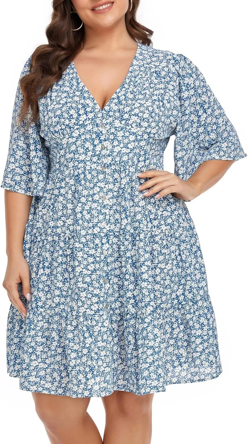 Carrdc Casual Plus Size Dress for Women Floral Button Down Dresses