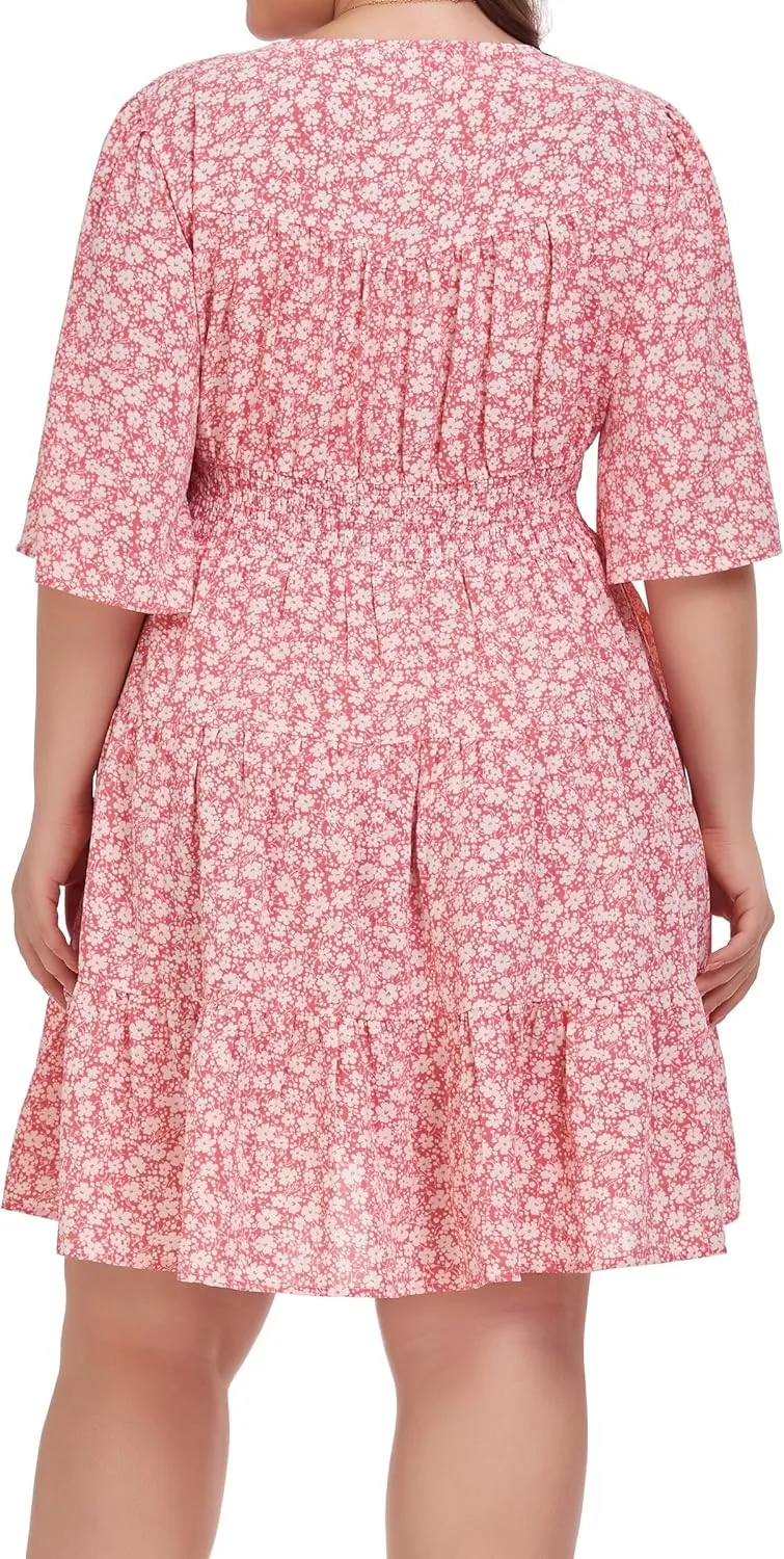 Carrdc Casual Plus Size Dress for Women Floral Button Down Dresses