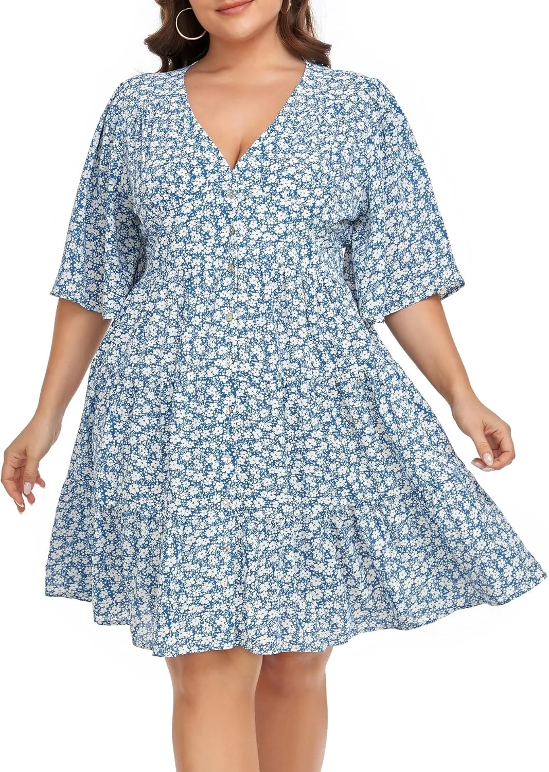 Carrdc Casual Plus Size Dress for Women Floral Button Down Dresses