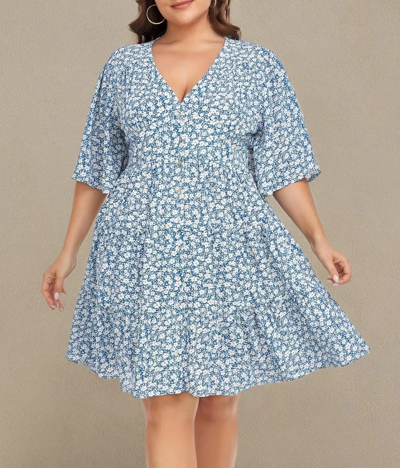 Carrdc Casual Plus Size Dress for Women Floral Button Down Dresses