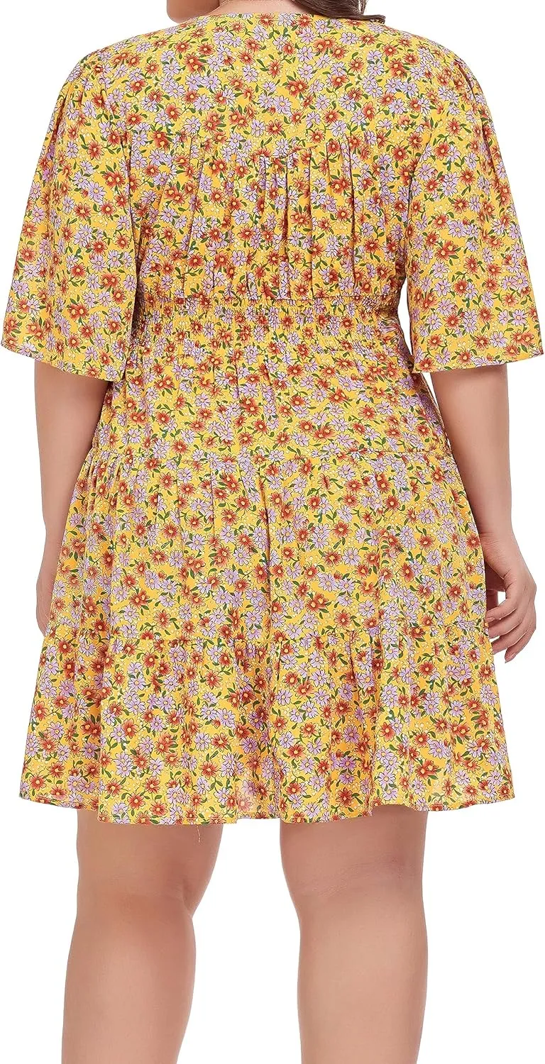 Carrdc Casual Plus Size Dress for Women Floral Button Down Dresses
