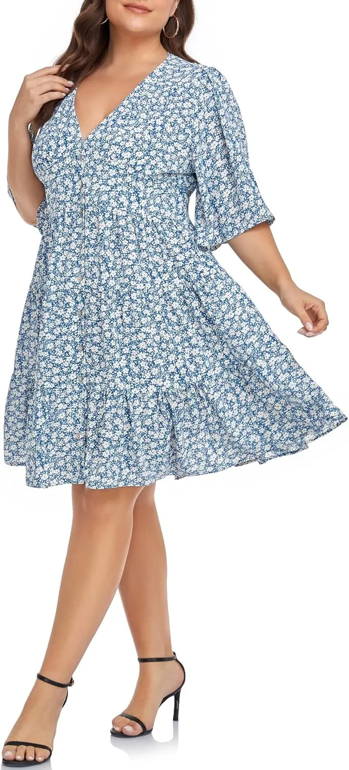 Carrdc Casual Plus Size Dress for Women Floral Button Down Dresses
