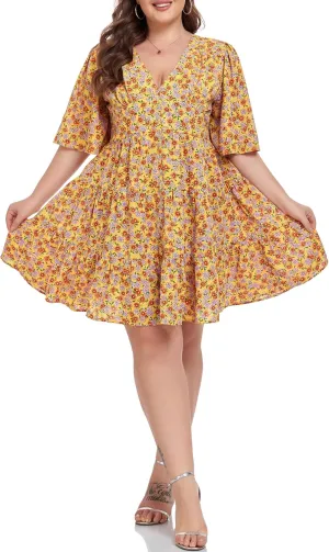 Carrdc Casual Plus Size Dress for Women Floral Button Down Dresses