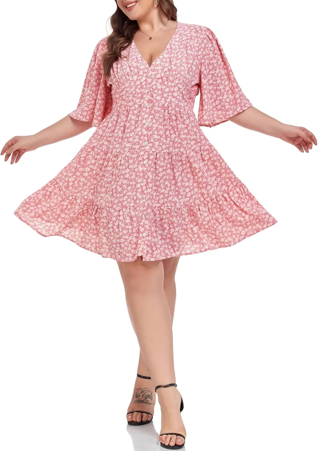 Carrdc Casual Plus Size Dress for Women Floral Button Down Dresses
