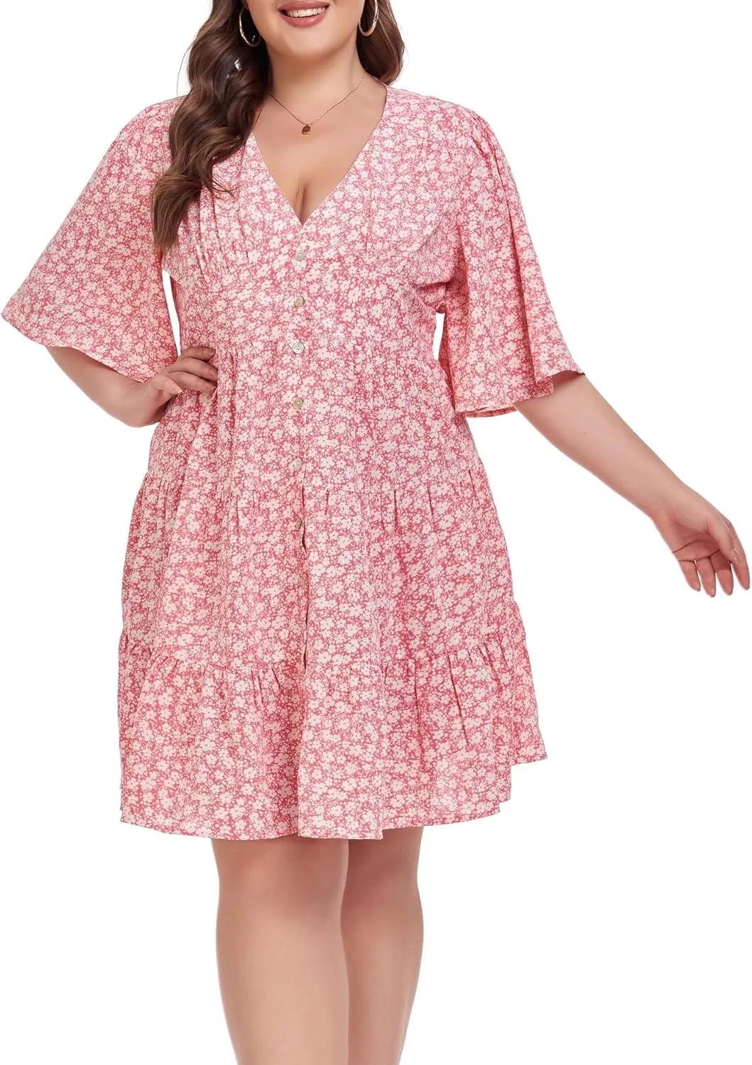 Carrdc Casual Plus Size Dress for Women Floral Button Down Dresses