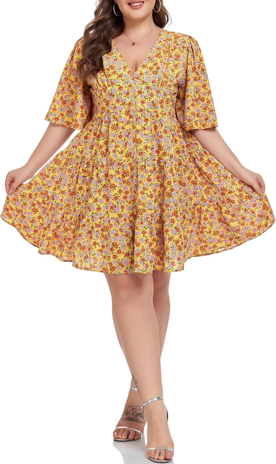 Carrdc Casual Plus Size Dress for Women Floral Button Down Dresses