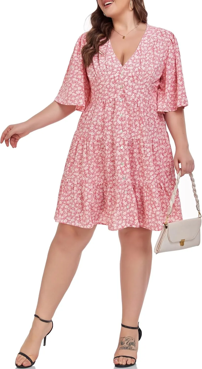 Carrdc Casual Plus Size Dress for Women Floral Button Down Dresses
