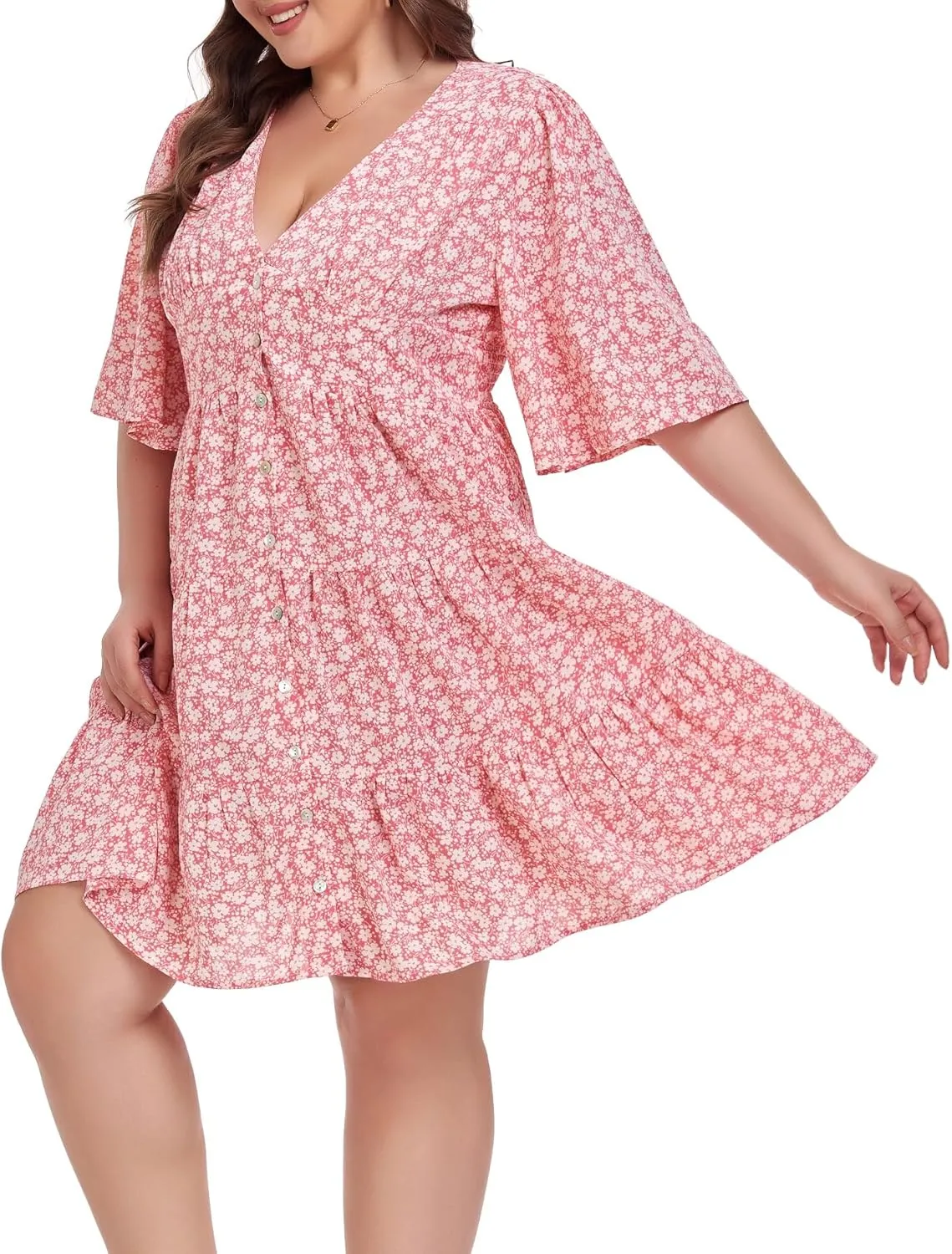 Carrdc Casual Plus Size Dress for Women Floral Button Down Dresses