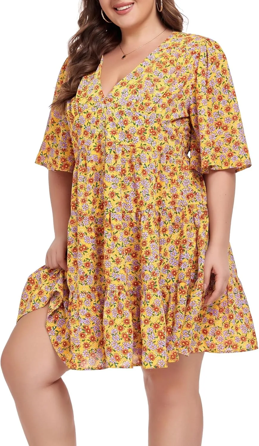 Carrdc Casual Plus Size Dress for Women Floral Button Down Dresses