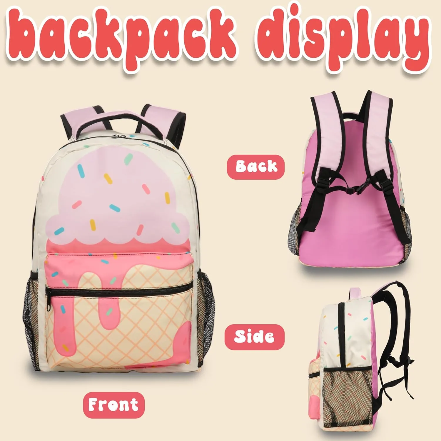 Cartoon Light Pink Ice Cream Bookbag Children Backpack for Girls School Work and Travel 17 Inch(Light Pink)