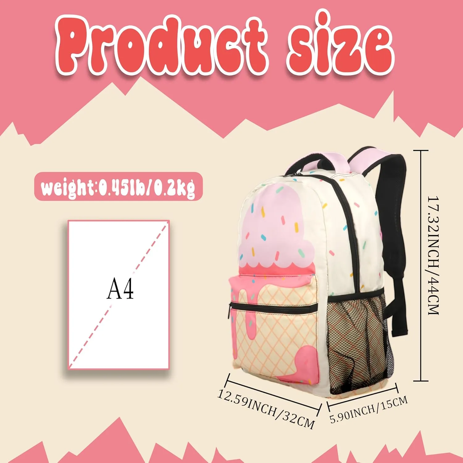 Cartoon Light Pink Ice Cream Bookbag Children Backpack for Girls School Work and Travel 17 Inch(Light Pink)