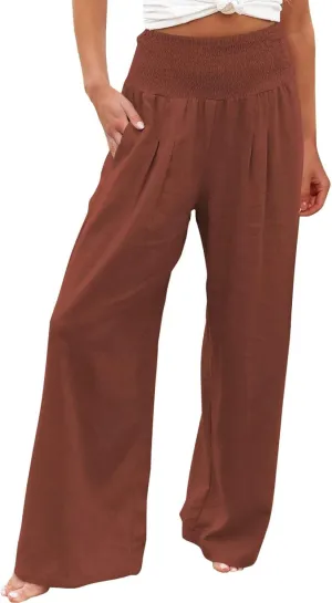 Casual Pants for Women High Waist Wide Leg Trousers Lightweight Linen Blend Elastic Waist Cozy Loose Lounge Wear