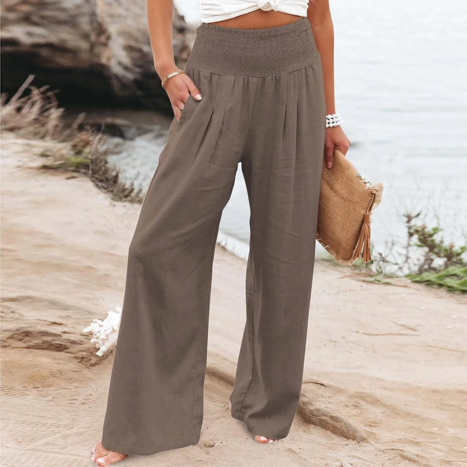 Casual Pants for Women High Waist Wide Leg Trousers Lightweight Linen Blend Elastic Waist Cozy Loose Lounge Wear