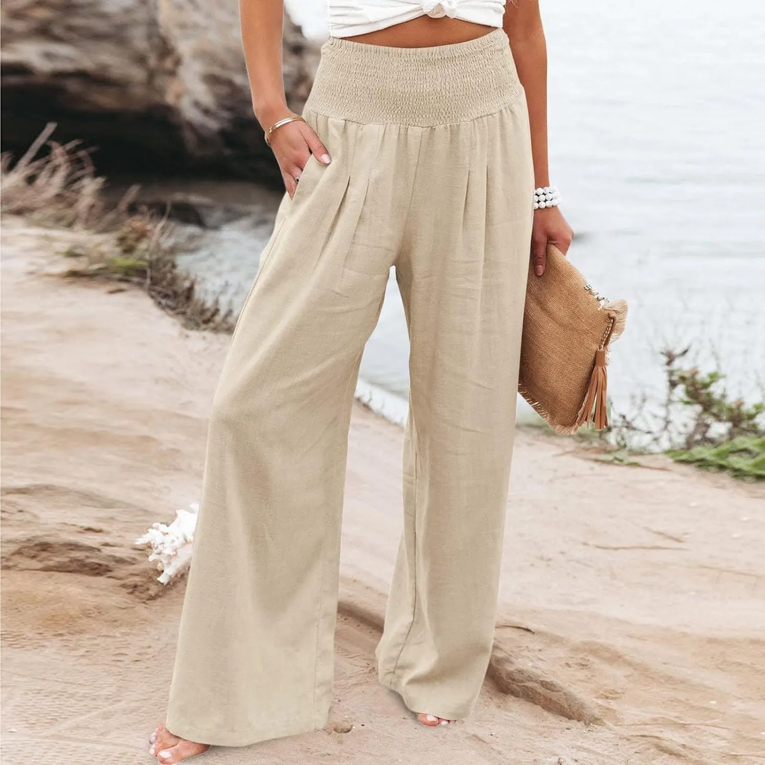 Casual Pants for Women High Waist Wide Leg Trousers Lightweight Linen Blend Elastic Waist Cozy Loose Lounge Wear