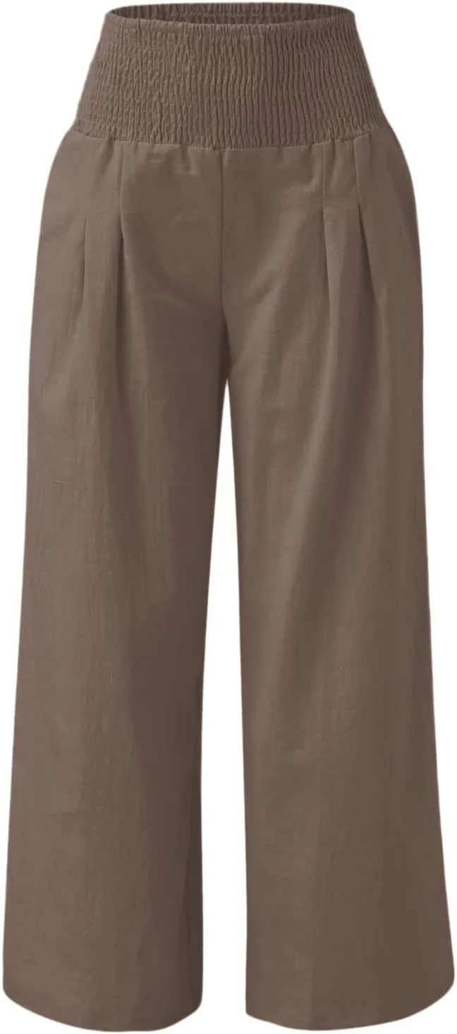 Casual Pants for Women High Waist Wide Leg Trousers Lightweight Linen Blend Elastic Waist Cozy Loose Lounge Wear
