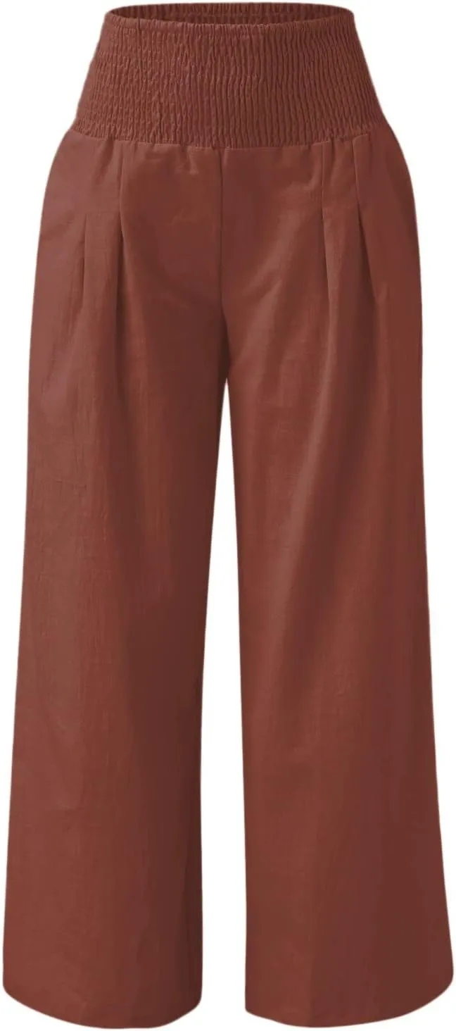 Casual Pants for Women High Waist Wide Leg Trousers Lightweight Linen Blend Elastic Waist Cozy Loose Lounge Wear