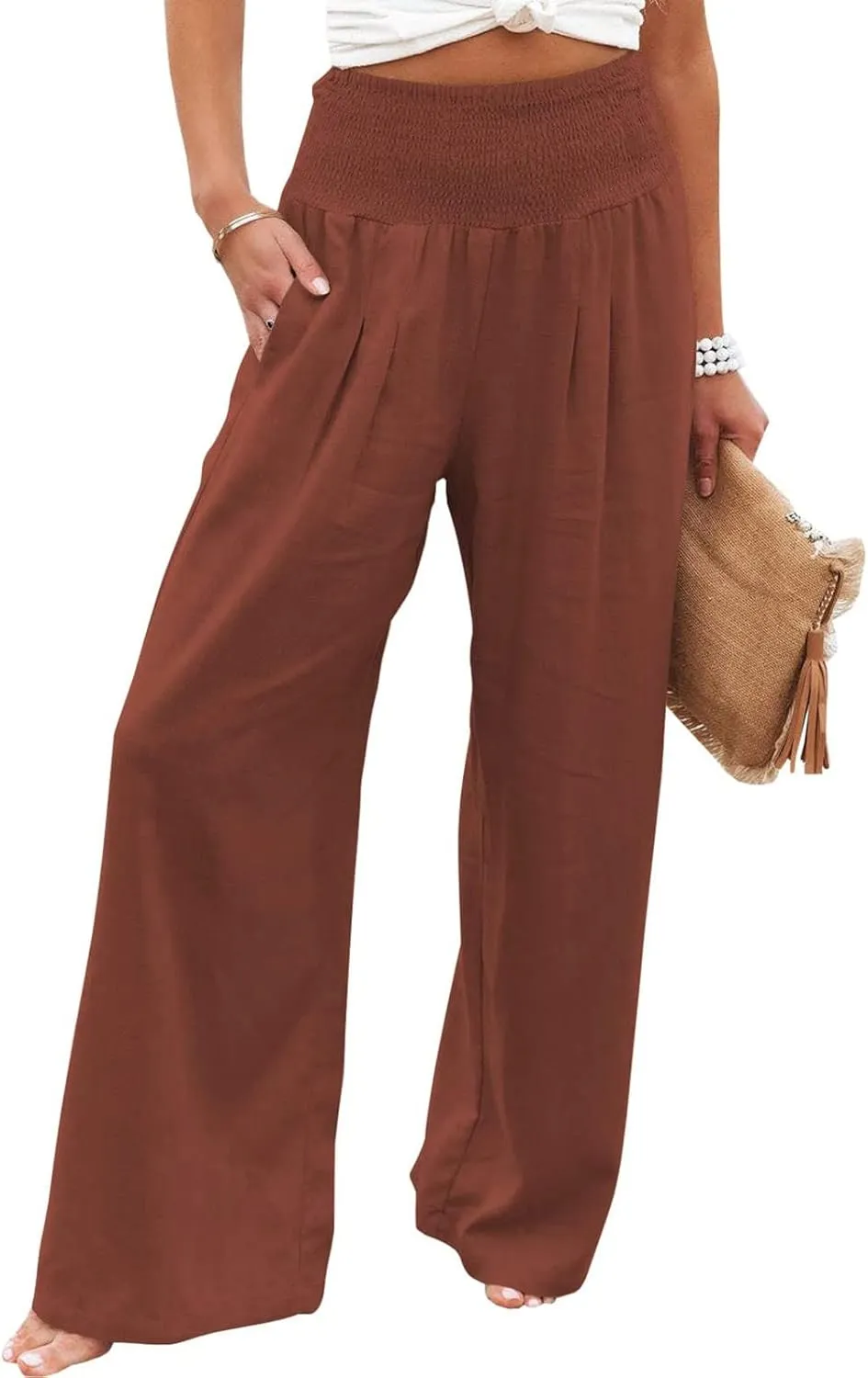 Casual Pants for Women High Waist Wide Leg Trousers Lightweight Linen Blend Elastic Waist Cozy Loose Lounge Wear