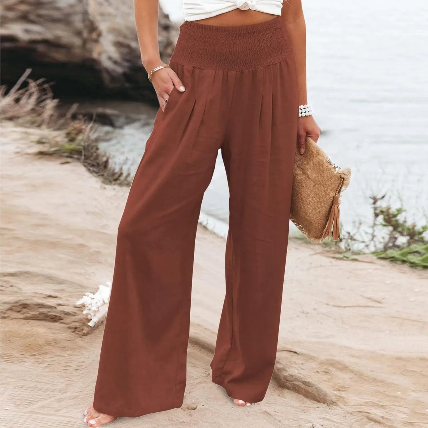 Casual Pants for Women High Waist Wide Leg Trousers Lightweight Linen Blend Elastic Waist Cozy Loose Lounge Wear