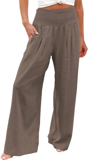 Casual Pants for Women High Waist Wide Leg Trousers Lightweight Linen Blend Elastic Waist Cozy Loose Lounge Wear