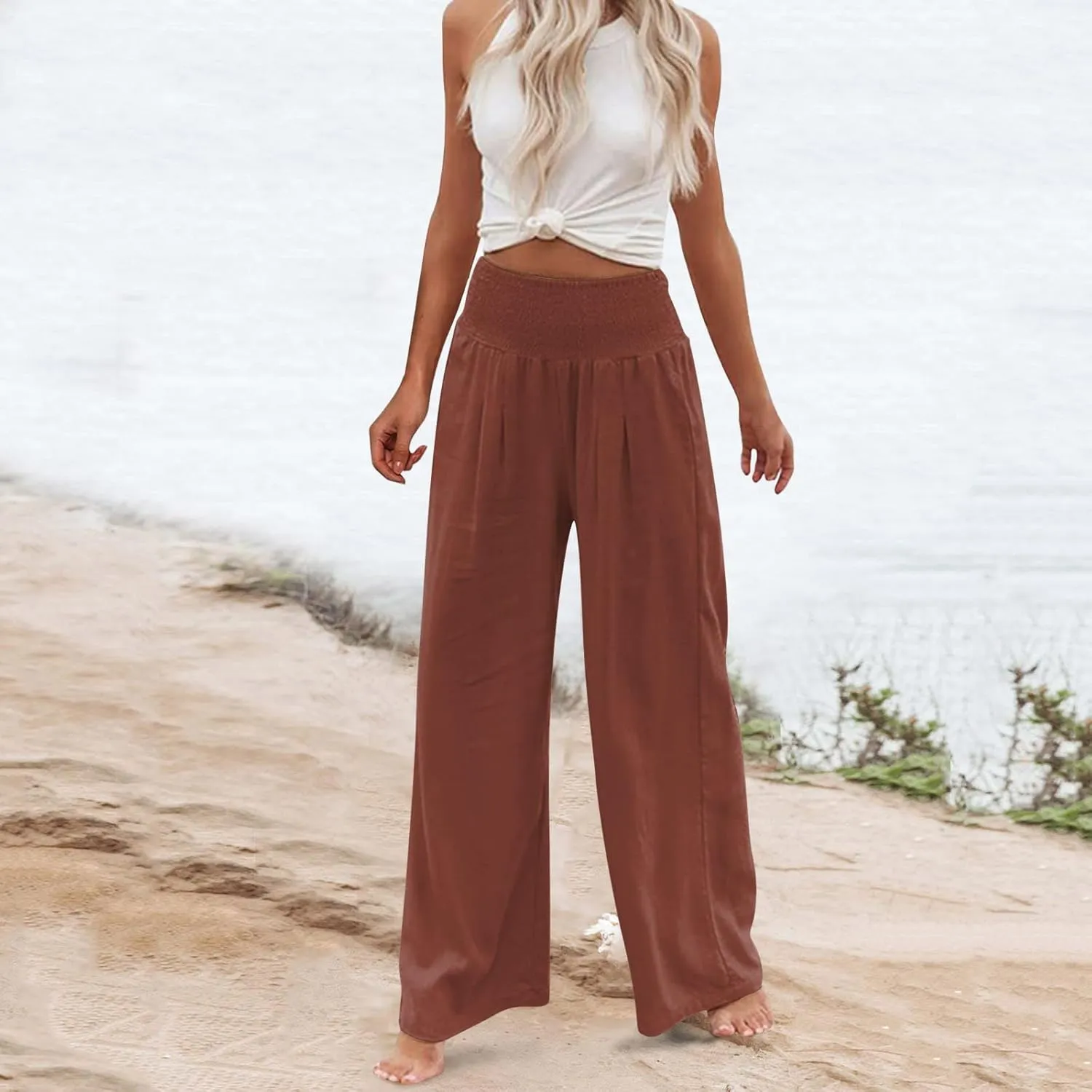 Casual Pants for Women High Waist Wide Leg Trousers Lightweight Linen Blend Elastic Waist Cozy Loose Lounge Wear