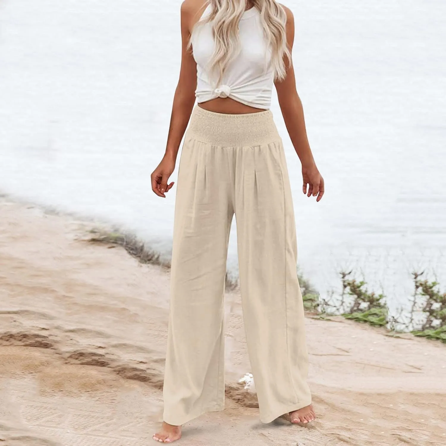 Casual Pants for Women High Waist Wide Leg Trousers Lightweight Linen Blend Elastic Waist Cozy Loose Lounge Wear