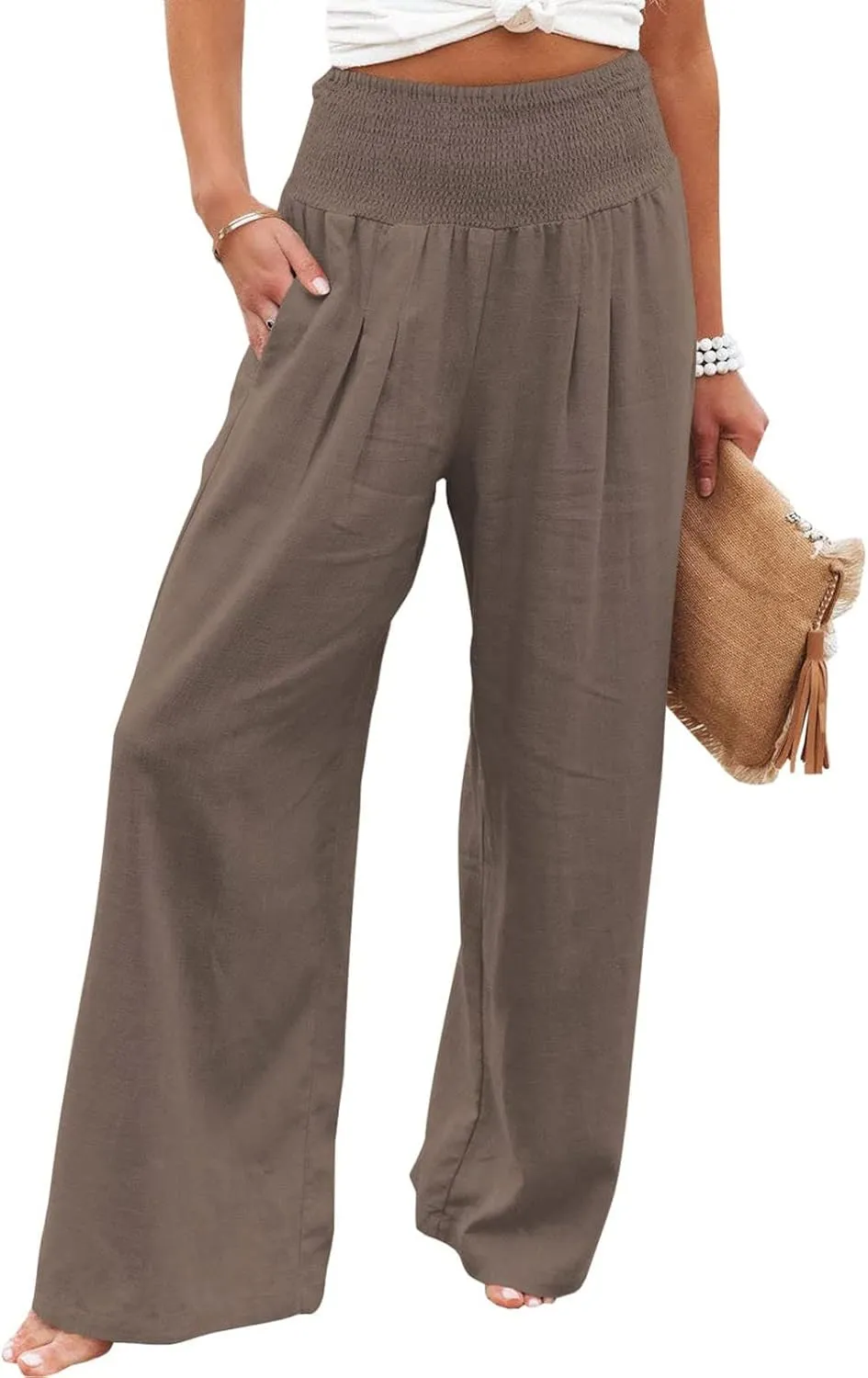 Casual Pants for Women High Waist Wide Leg Trousers Lightweight Linen Blend Elastic Waist Cozy Loose Lounge Wear