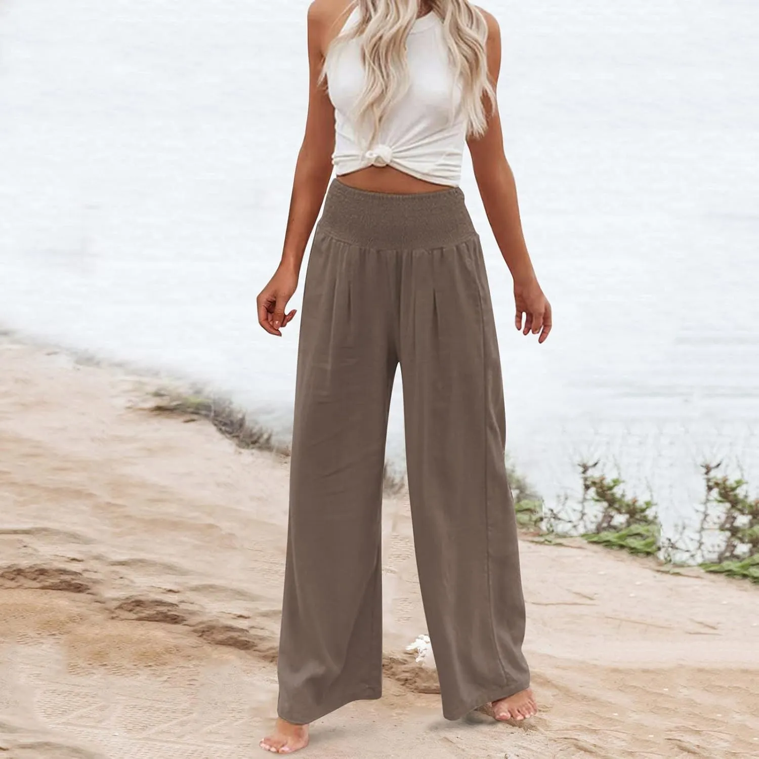 Casual Pants for Women High Waist Wide Leg Trousers Lightweight Linen Blend Elastic Waist Cozy Loose Lounge Wear