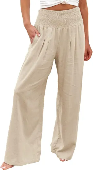 Casual Pants for Women High Waist Wide Leg Trousers Lightweight Linen Blend Elastic Waist Cozy Loose Lounge Wear