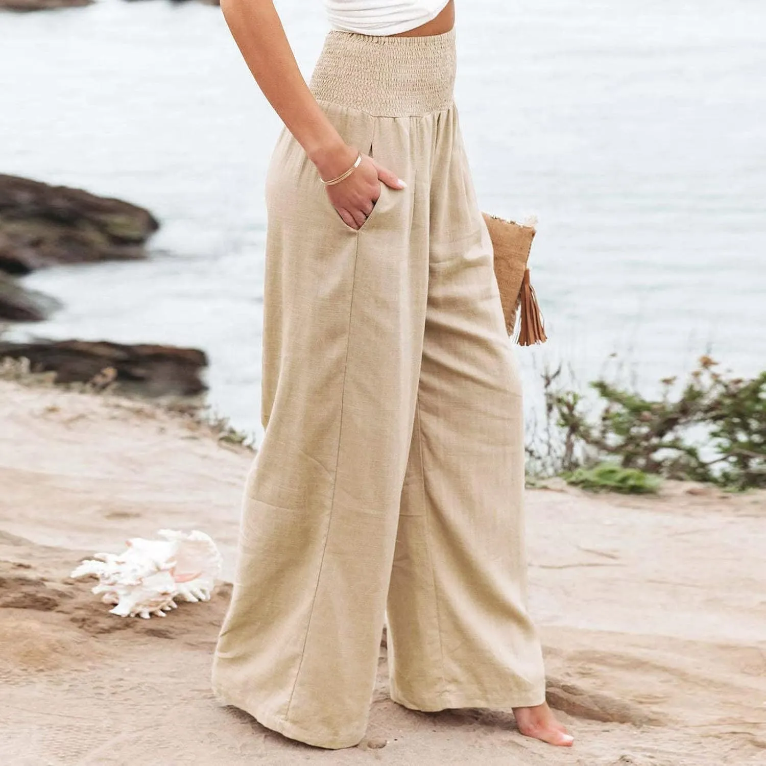 Casual Pants for Women High Waist Wide Leg Trousers Lightweight Linen Blend Elastic Waist Cozy Loose Lounge Wear