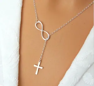 Casual Personality Infinity Cross Lariat Pendant Silver Plated Necklace