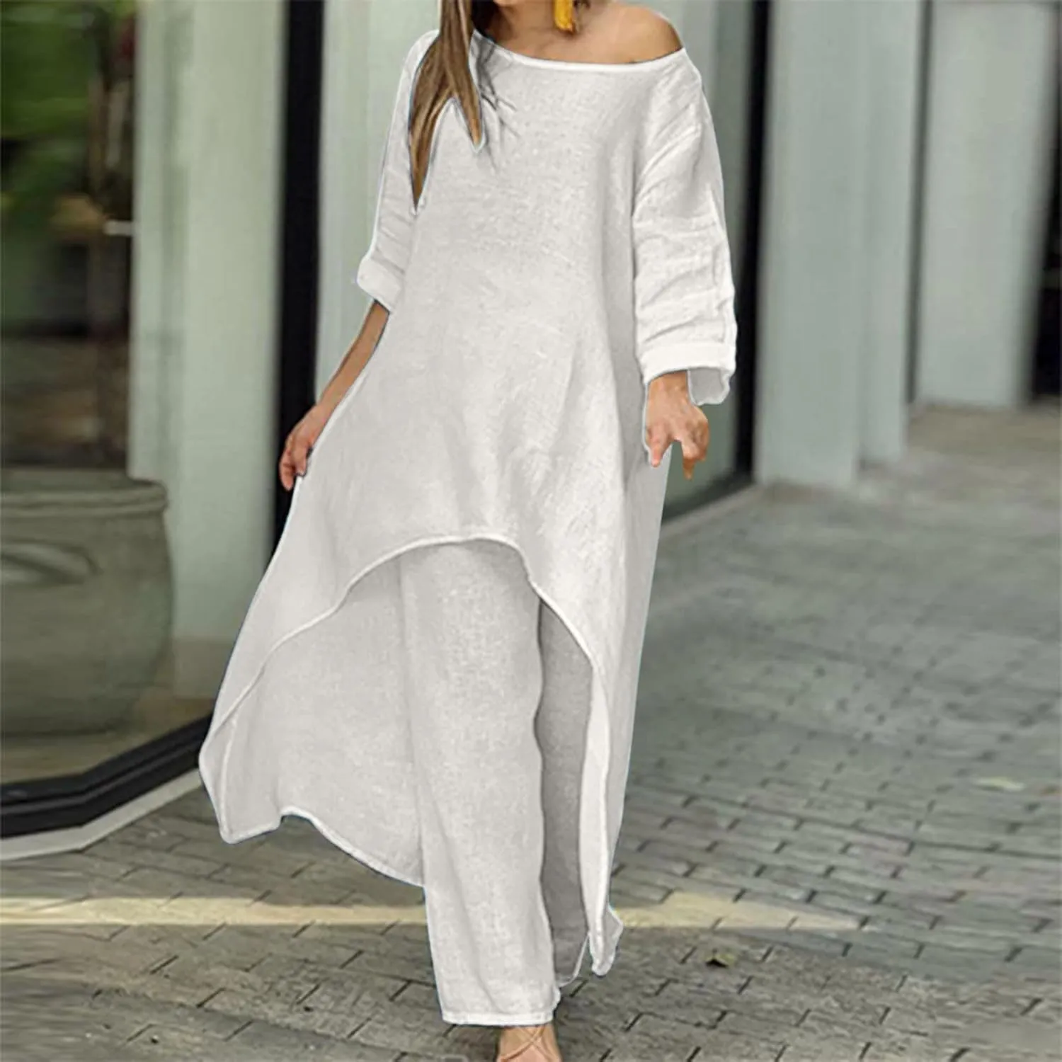 Ceboyel Summer Boho Dresses for Women 2023 Cotton Linen Dress One Shoulder Long Maxi Dresses Casual Beach Ladies Outfits