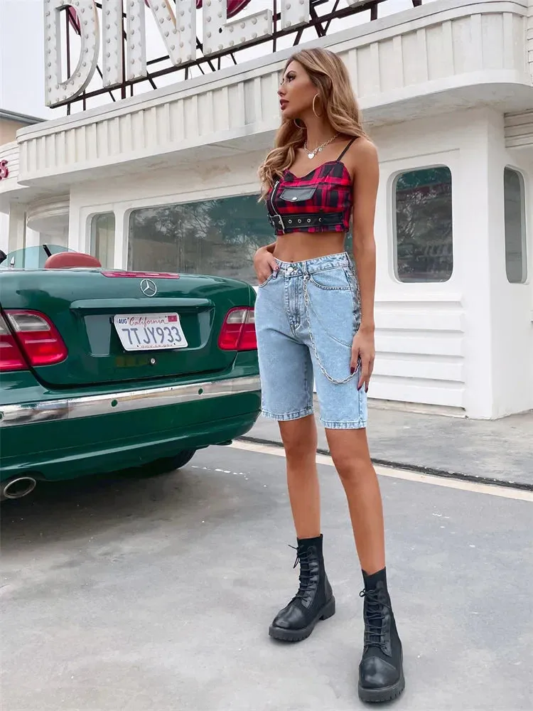 Chain Detail Destroyed Biker Streetwear Shorts