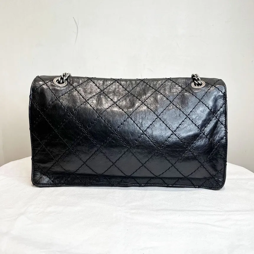 Chanel 2.55 Black Quilted Waxy Leather Chain Bag Jumbo