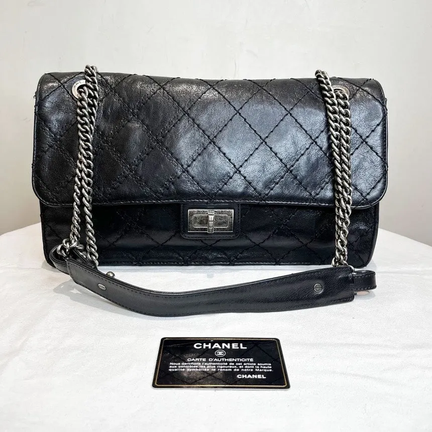 Chanel 2.55 Black Quilted Waxy Leather Chain Bag Jumbo