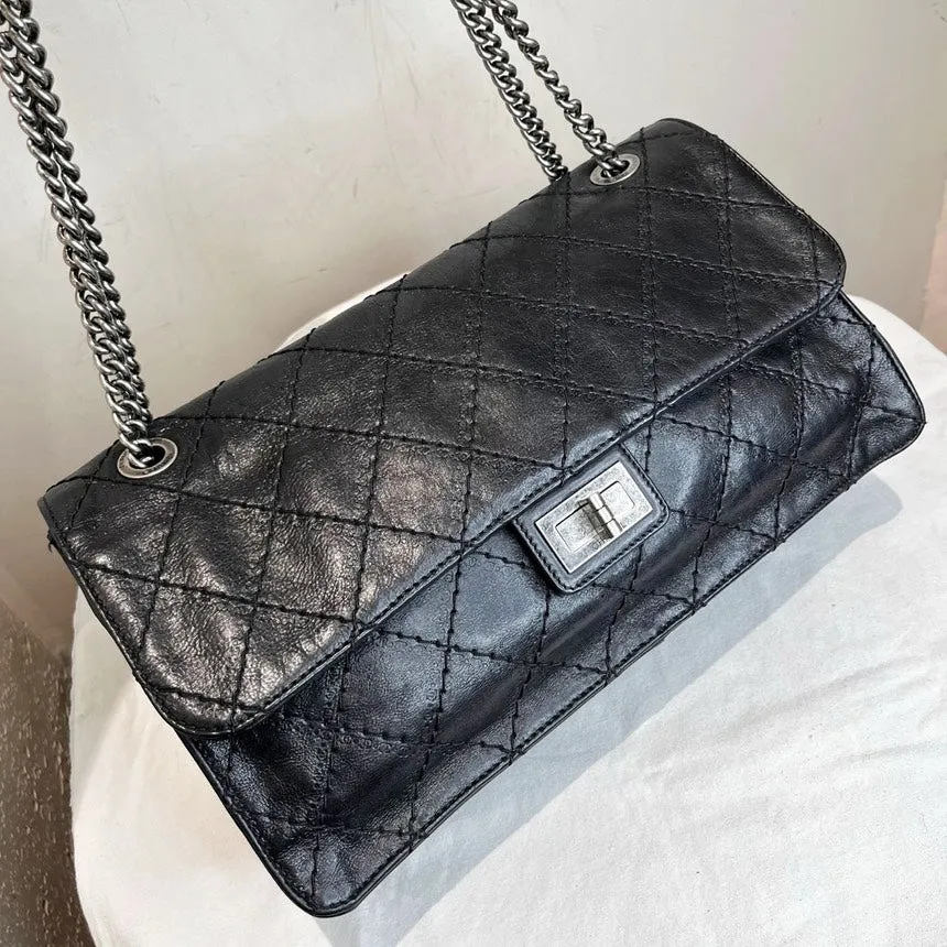 Chanel 2.55 Black Quilted Waxy Leather Chain Bag Jumbo